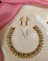 Festive Ghungroo Necklace Set with Red, Green & White Stone Accents