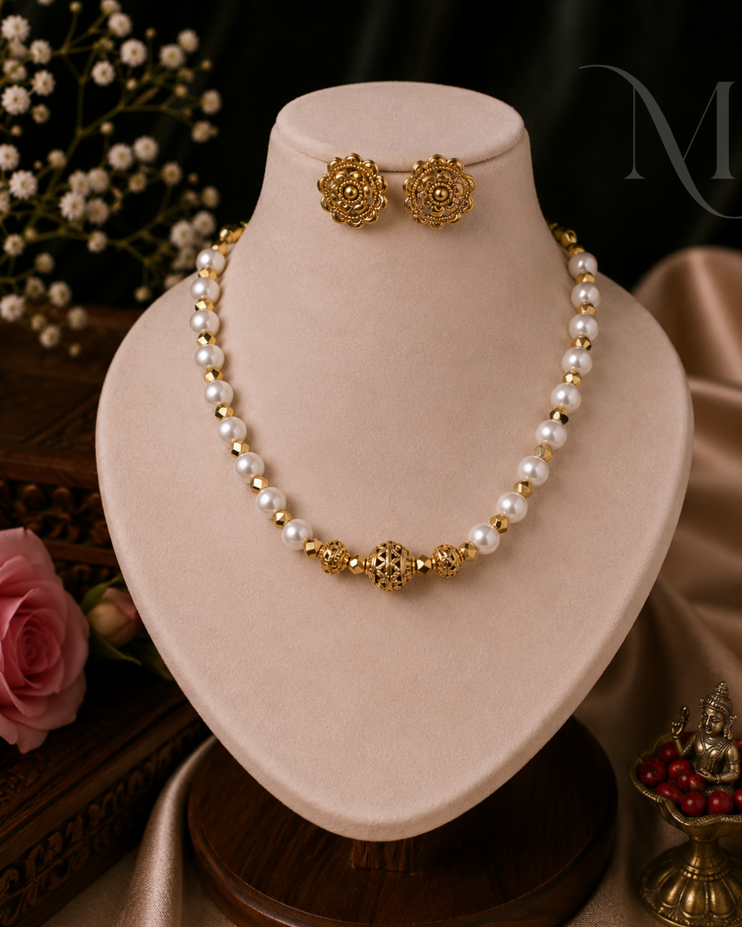 Pearl & Gold Beads Necklace Set 🤍✨