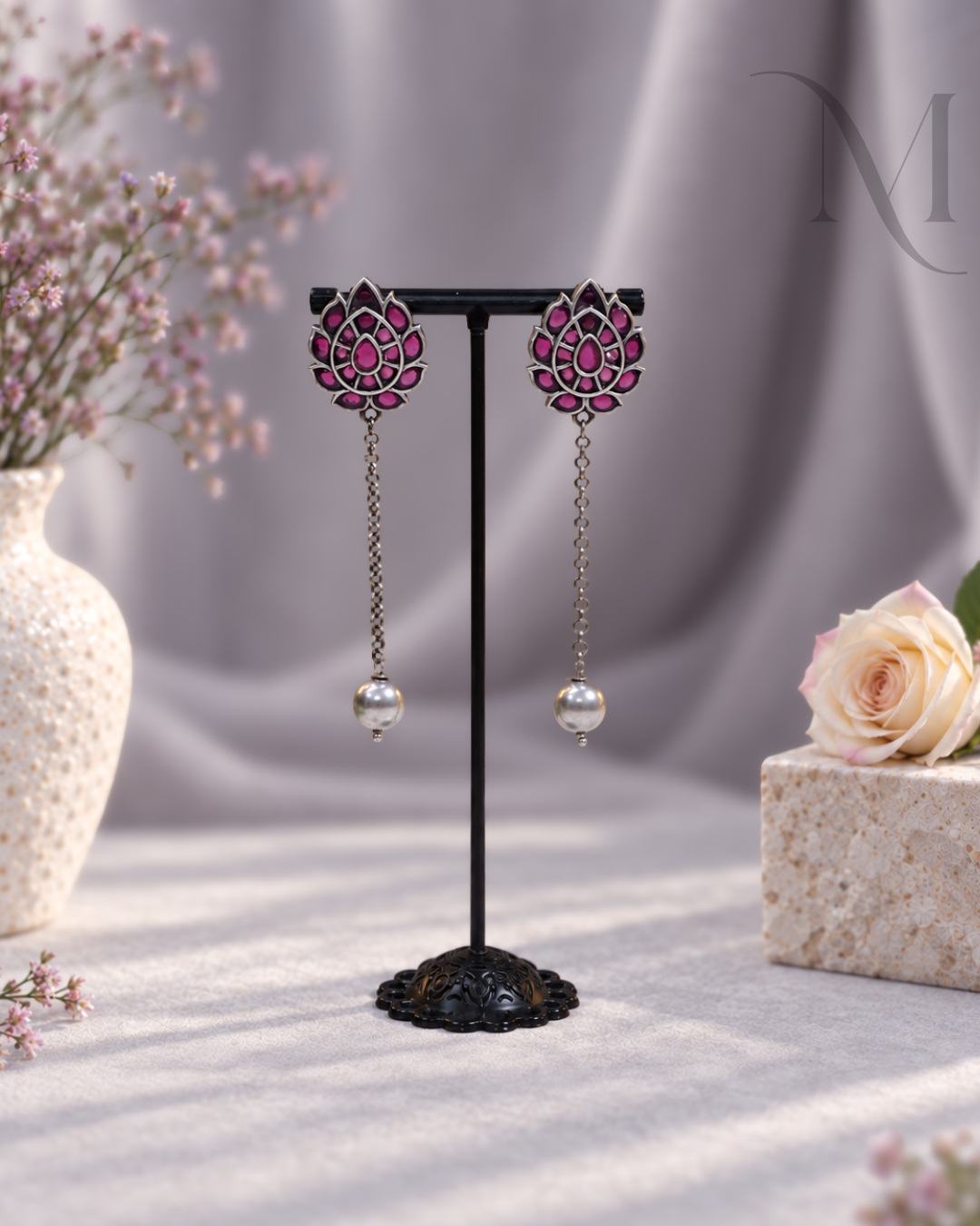 Premium Oxidised Lotus Long Drop Earrings