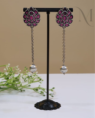 Premium Oxidised Lotus Long Drop Earrings