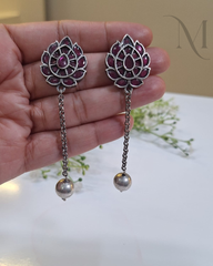 Premium Oxidised Lotus Long Drop Earrings
