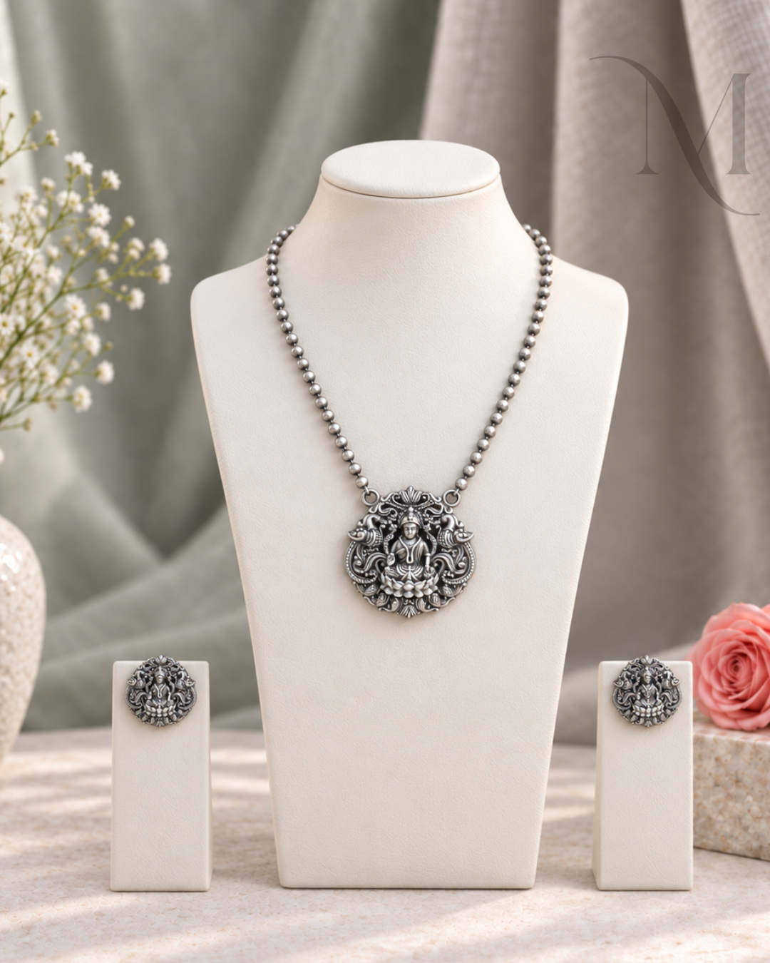 Premium Silver Replica Lakshmi Pendant Haram Set