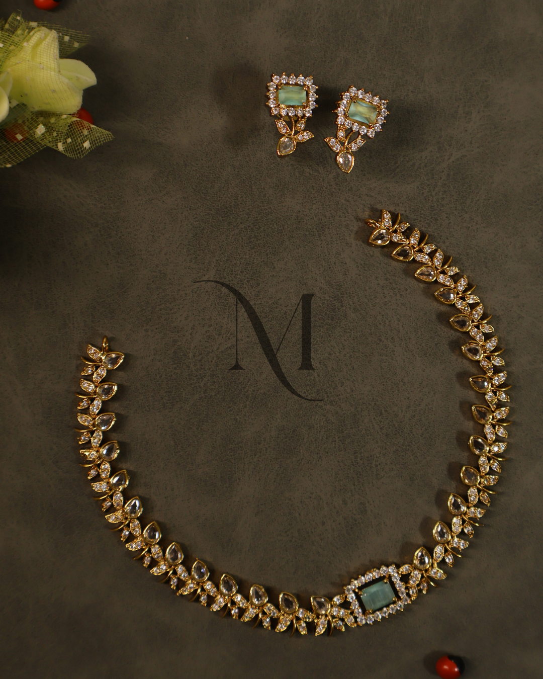 Mint Green & White CZ Necklace Set with Floral Teardrop Design