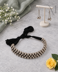 Premium Silver Beads Choker – Black Thread