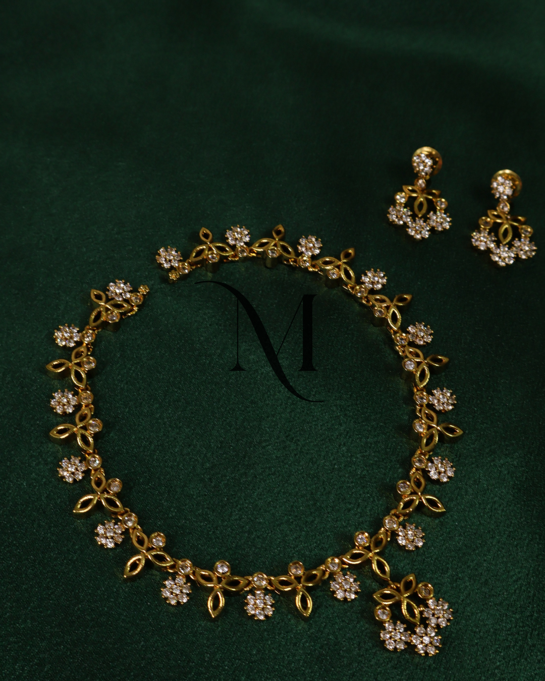 Minimalist CZ Flower Necklace Set with Leafy Golden Touches