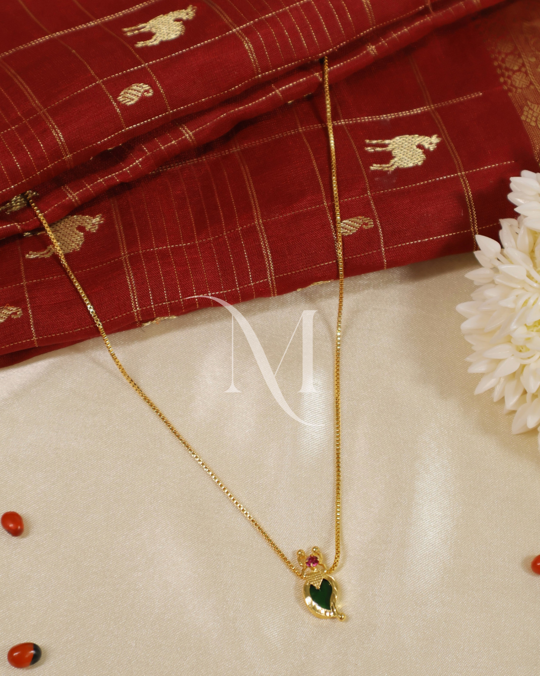 Minimalist Heritage Necklace with Green Palakka & Ruby Accent