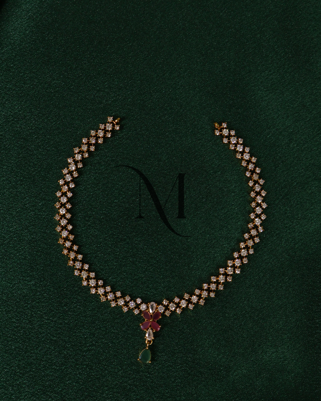 Double Row CZ Necklace with Ruby-Petal Motif and Emerald Drop