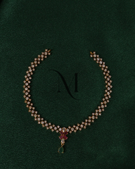 Double Row CZ Necklace with Ruby-Petal Motif and Emerald Drop