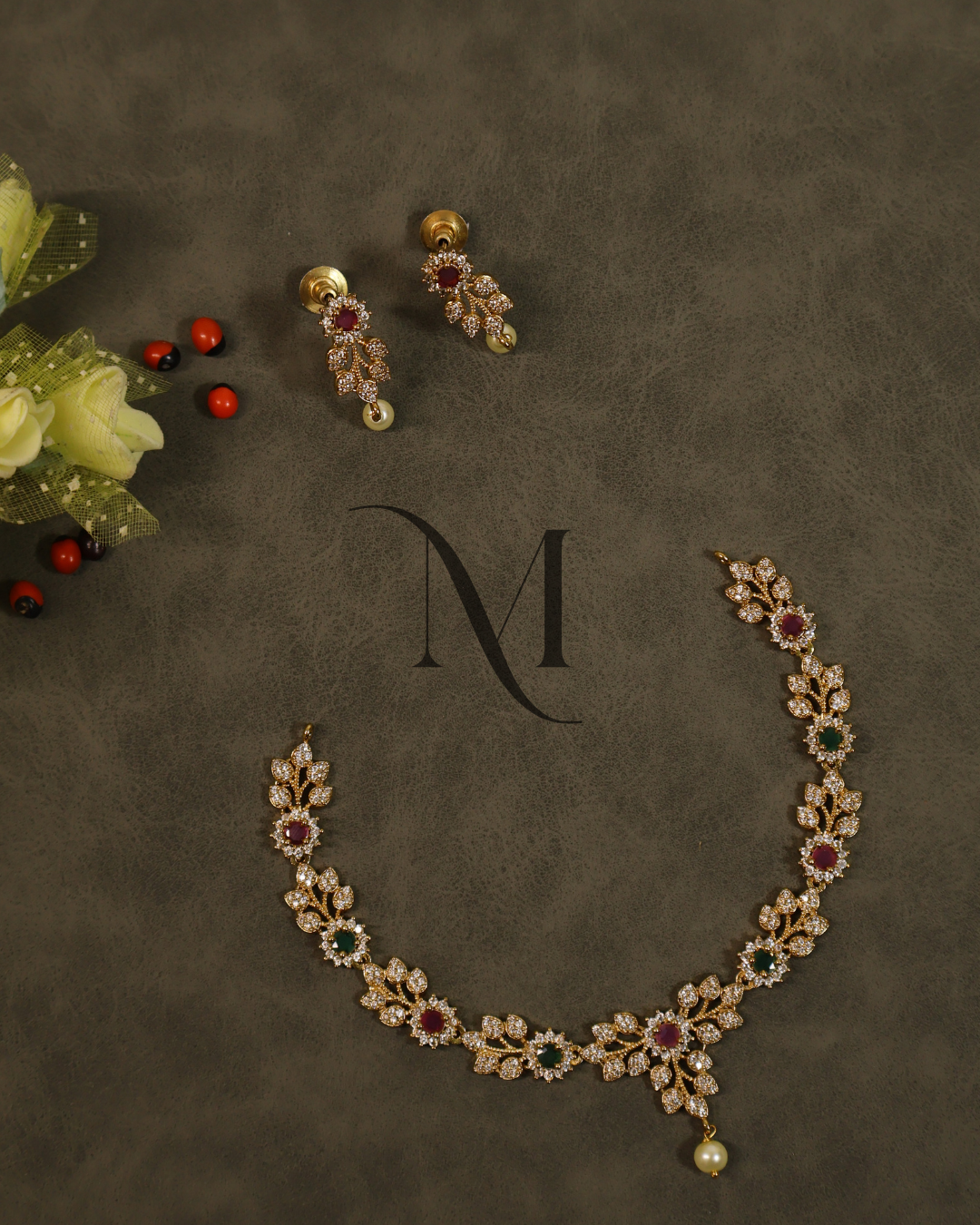 Ruby and Emerald Floral Vine Necklace Set with CZ and Pearl Accent