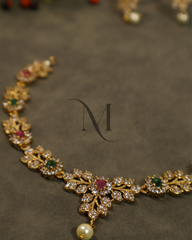 Ruby and Emerald Floral Vine Necklace Set with CZ and Pearl Accent