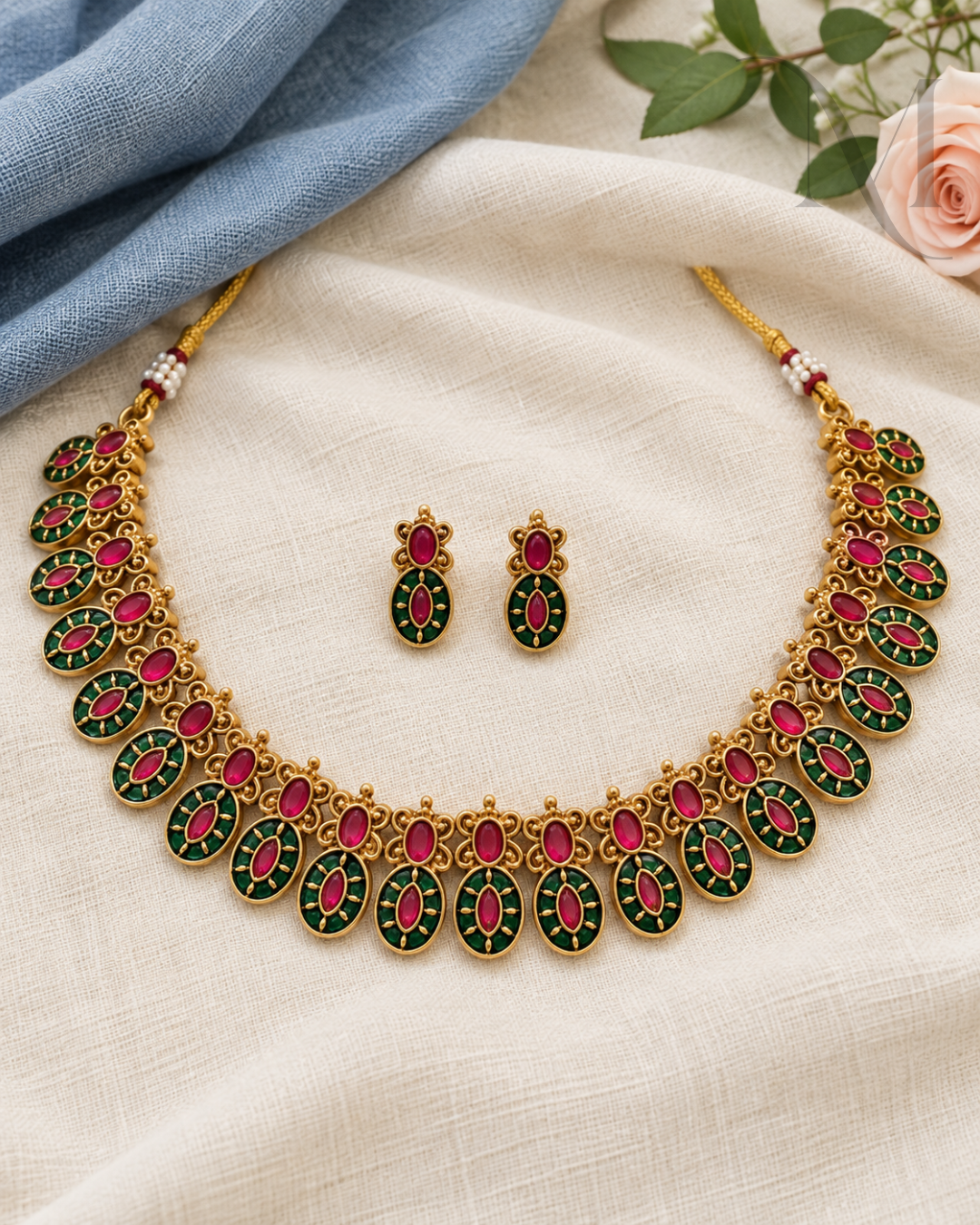 Non-Idol Red & Green Oval Necklace Set