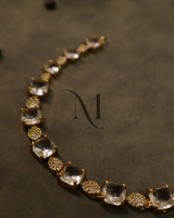 Premium Gold Finish Necklace Set with White Cushion Crystals & CZ