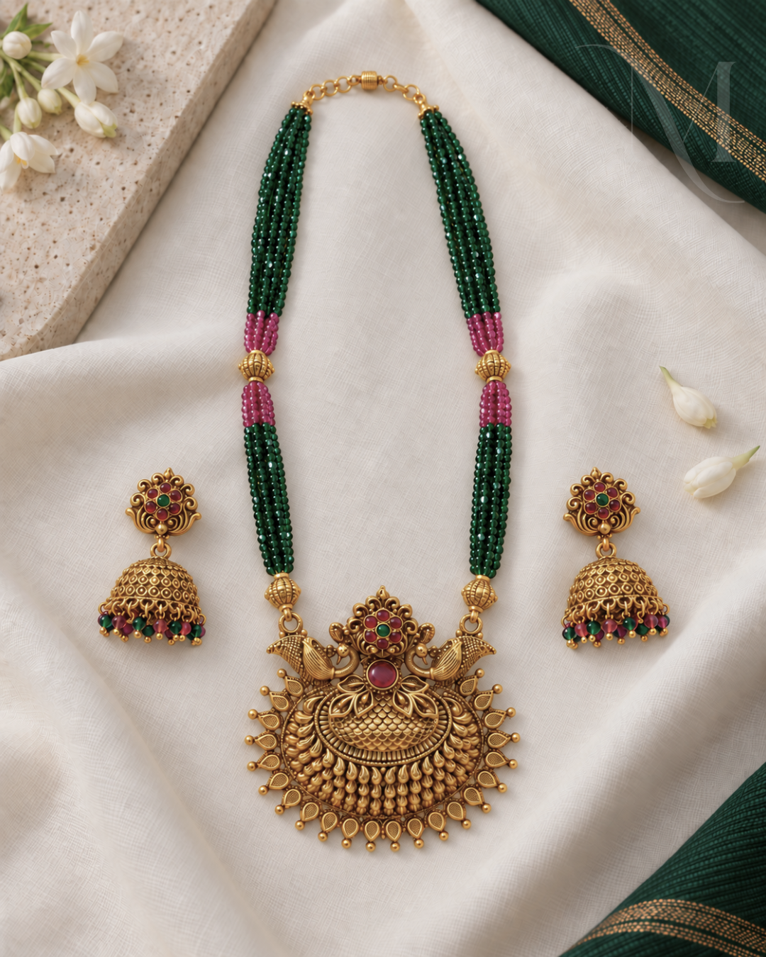 Green Crystal Beads Peacock Necklace Set