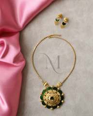 Antique Gold Floral Pendant Necklace Set with Green Enamel Petals