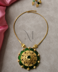 Antique Gold Floral Pendant Necklace Set with Green Enamel Petals
