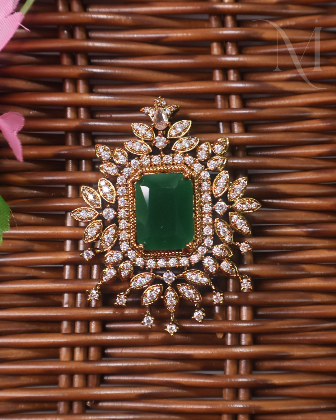 Emerald with White AD stones Pendant