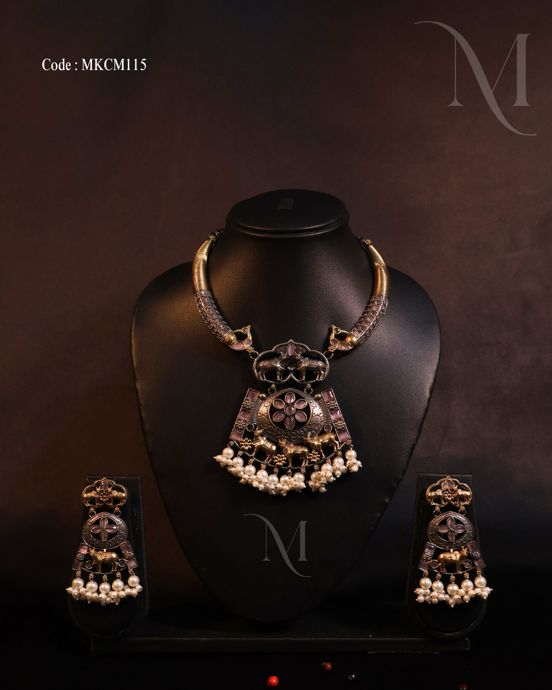 Antique Oxidized Silver Choker Necklace Set with Pearl Drops