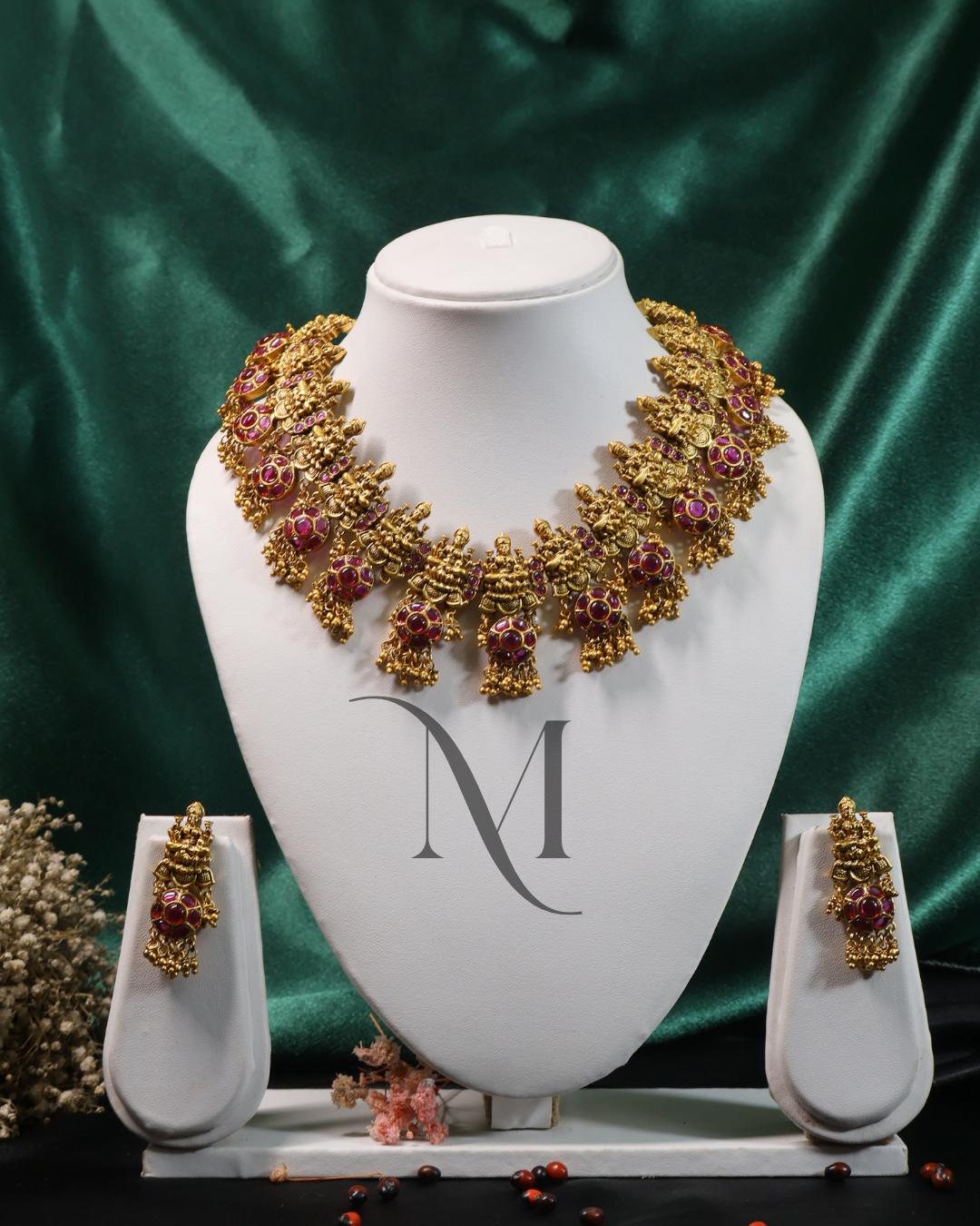 Lakshmi Pendant Temple Necklace with Gold Bead Jhumki Drops