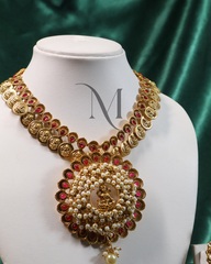 Antique Gold Kasumala Haram with Lakshmi Pendant and Pearl Drops