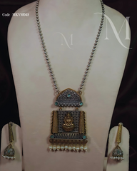 Antique Silver-Gold Lakshmi Temple Pendant Necklace Set with Pearl Drops