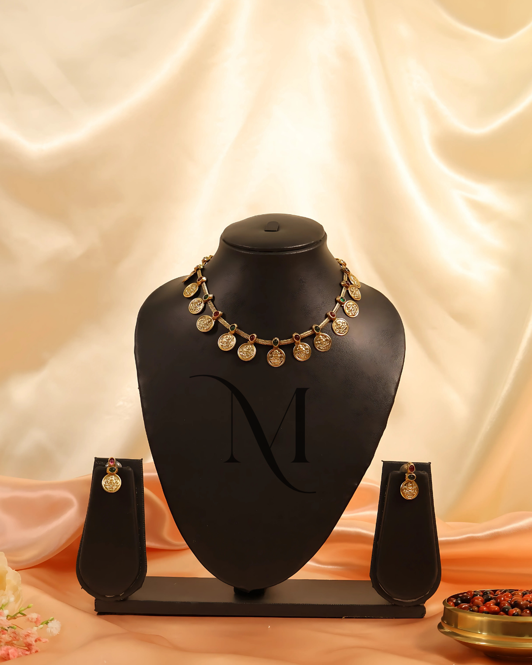Matte Gold Kasu Mala Necklace Set with Thread Tie & Matching Studs