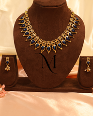 Antique Gold Choker Necklace Set with Royal Blue Teardrop Stones