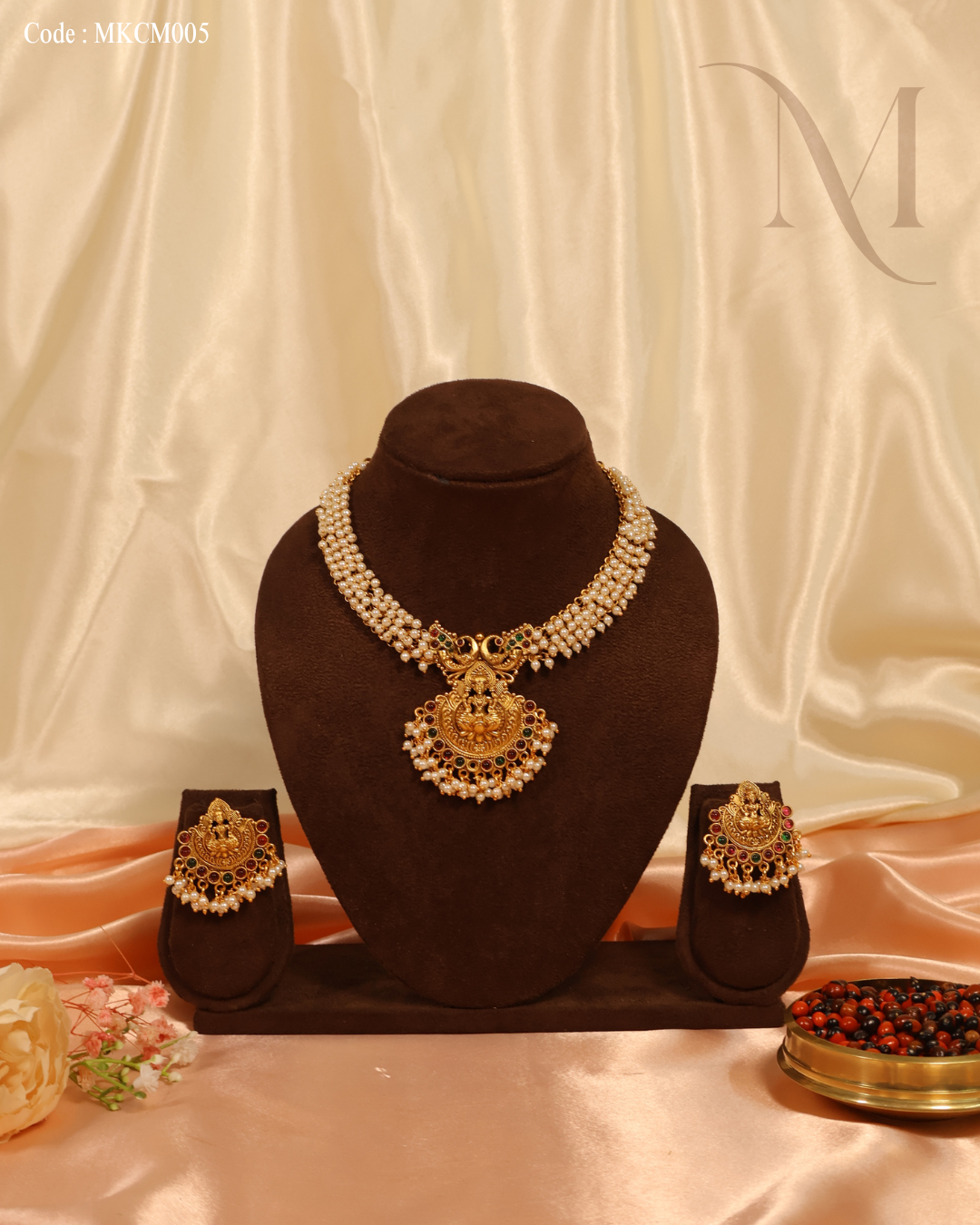 Traditional Lakshmi Pearl Temple Necklace Set