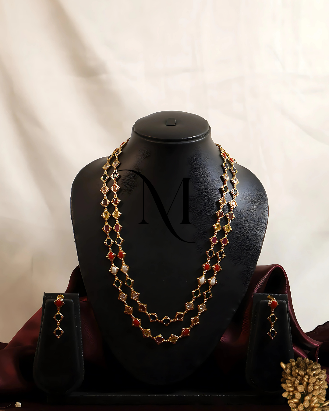 Triple-Layer Festive Haram with Vibrant Gemstone Links