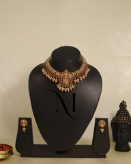 Temple-Style Lakshmi Choker Set with Ruby-Emerald Stonework