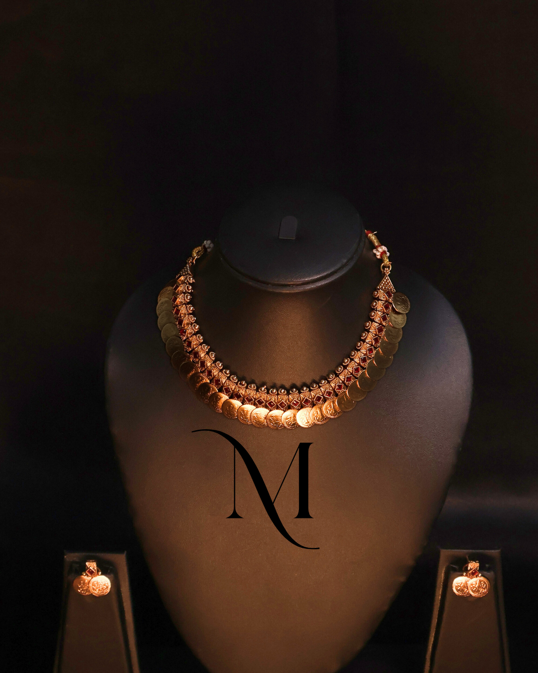 Traditional Ruby Coin Choker Necklace with Temple Detailing