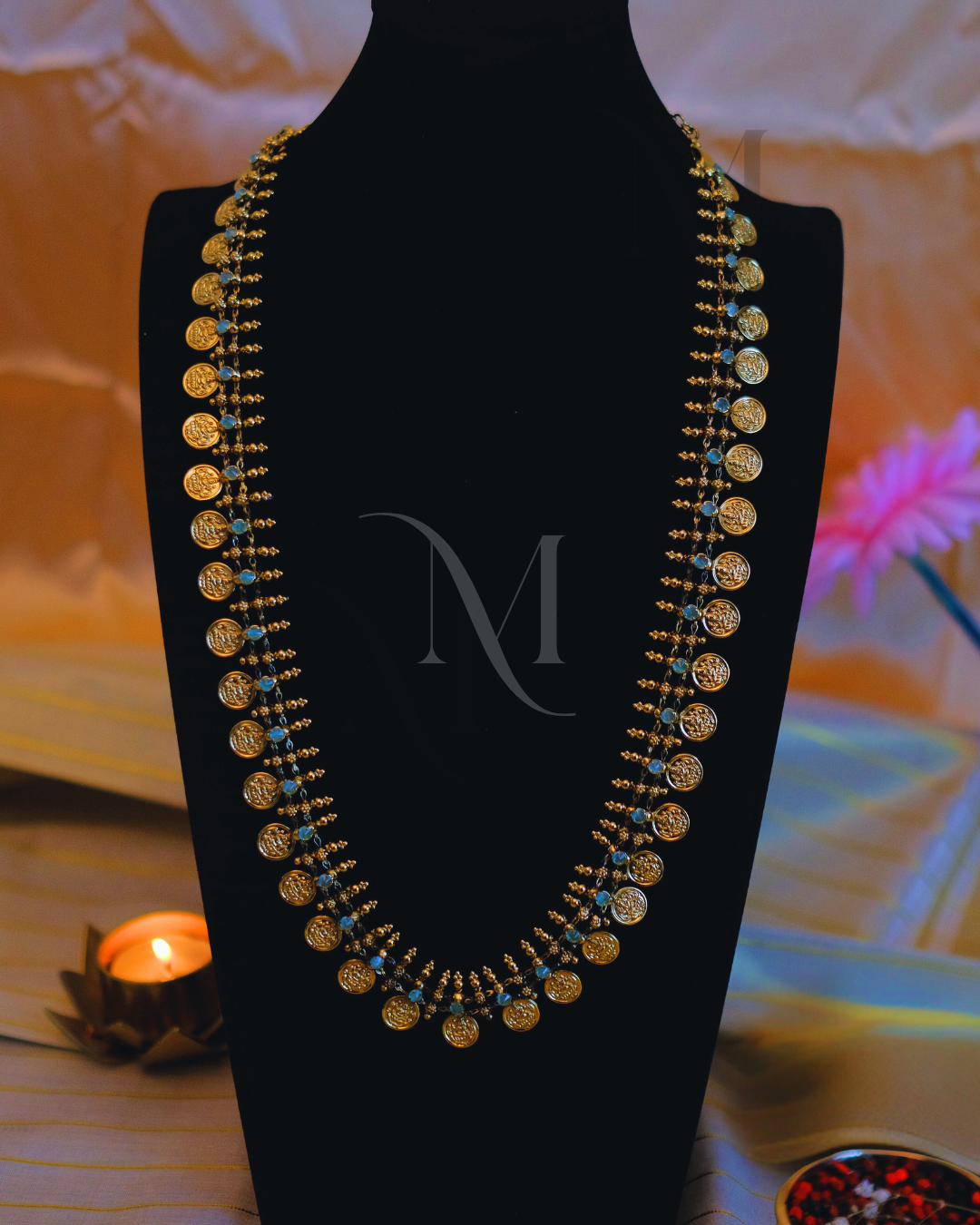 Blue Serenity: Mehendi-Finish Lakshmi Coin Haram