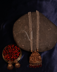Ruby Reverence: Pearl Mala with Lakshmi Temple Pendant