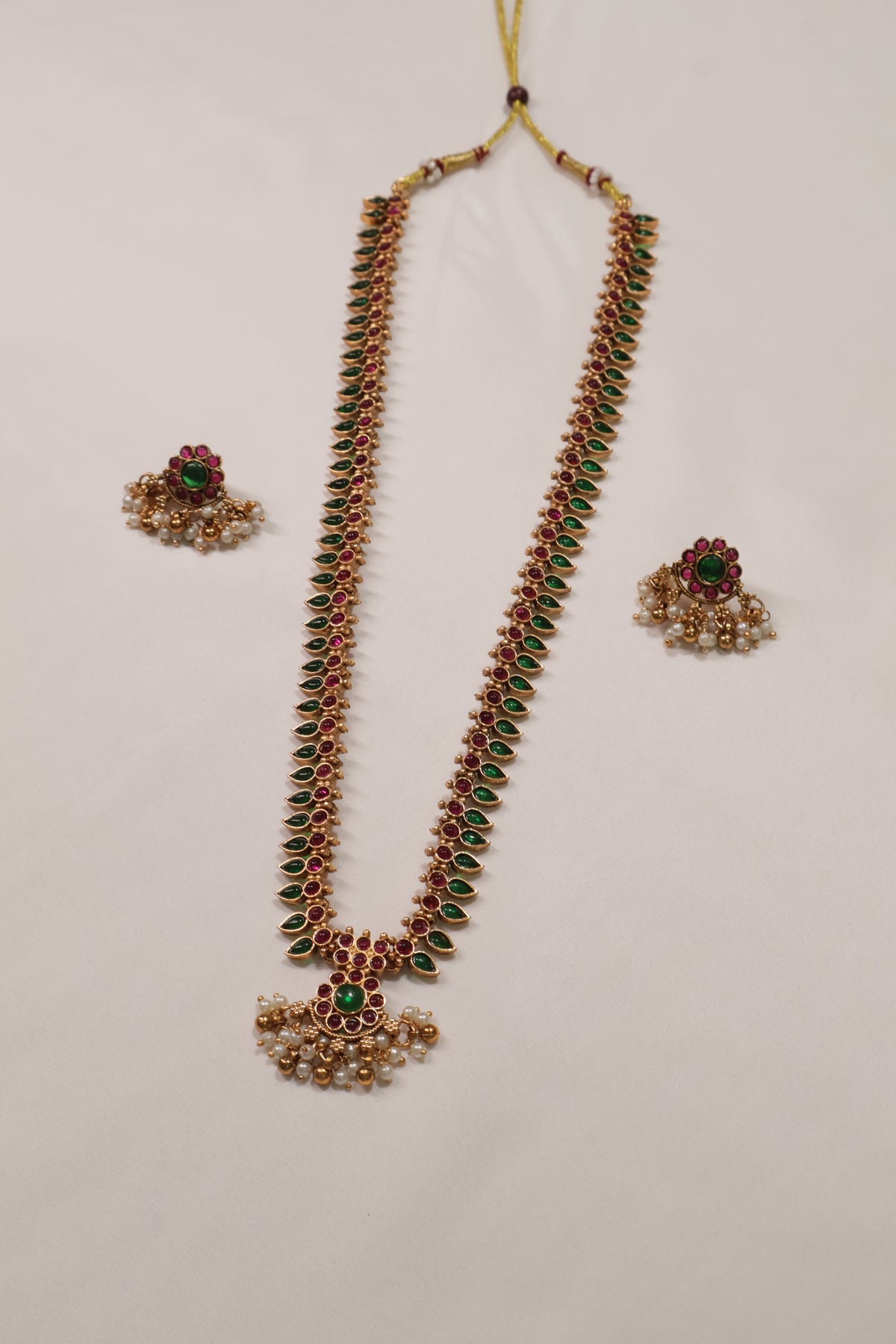 Traditional Ruby and Emerald Long Necklace Set