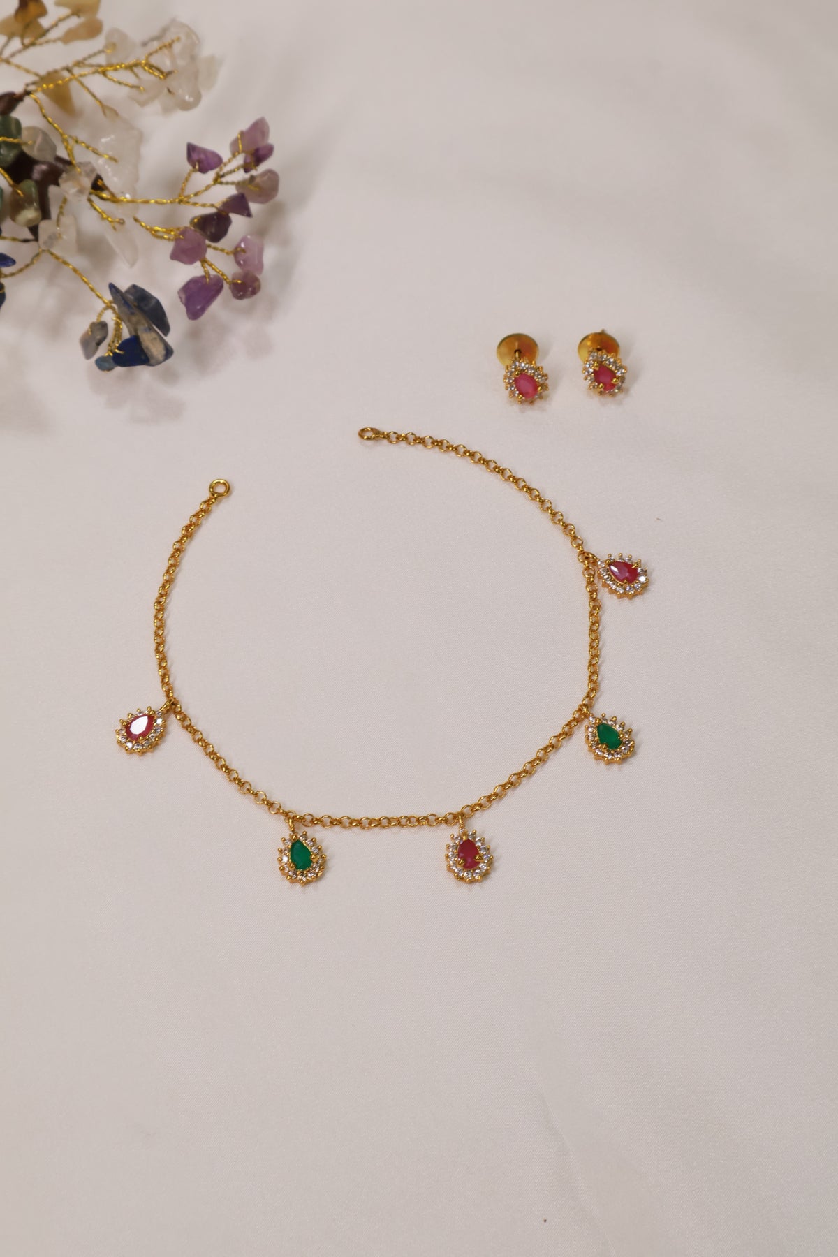 Delicate Gold Necklace Set with Ruby and Emerald Charms