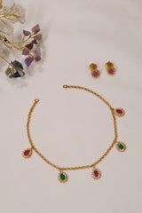 Delicate Gold Necklace Set with Ruby and Emerald Charms