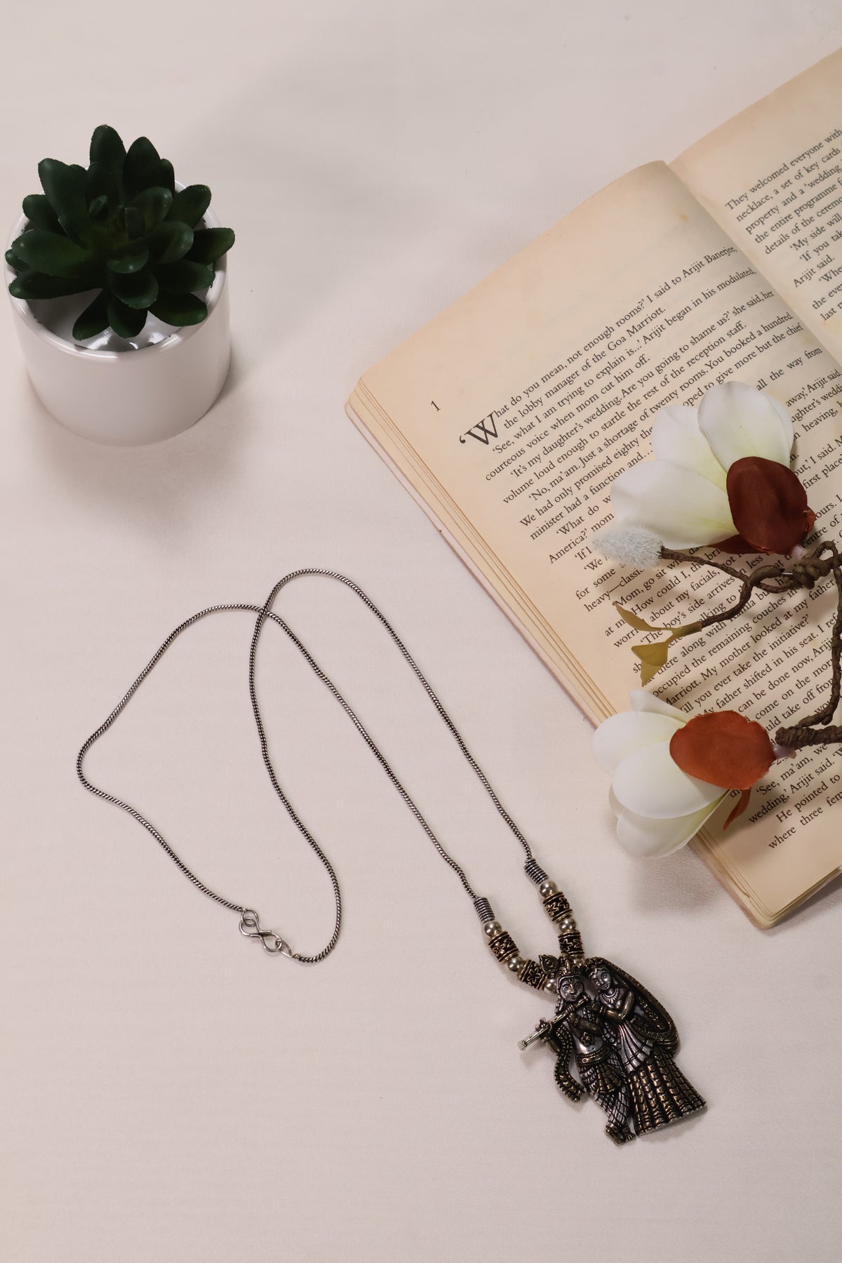 Divine Radha Krishna Oxidized Silver Necklace
