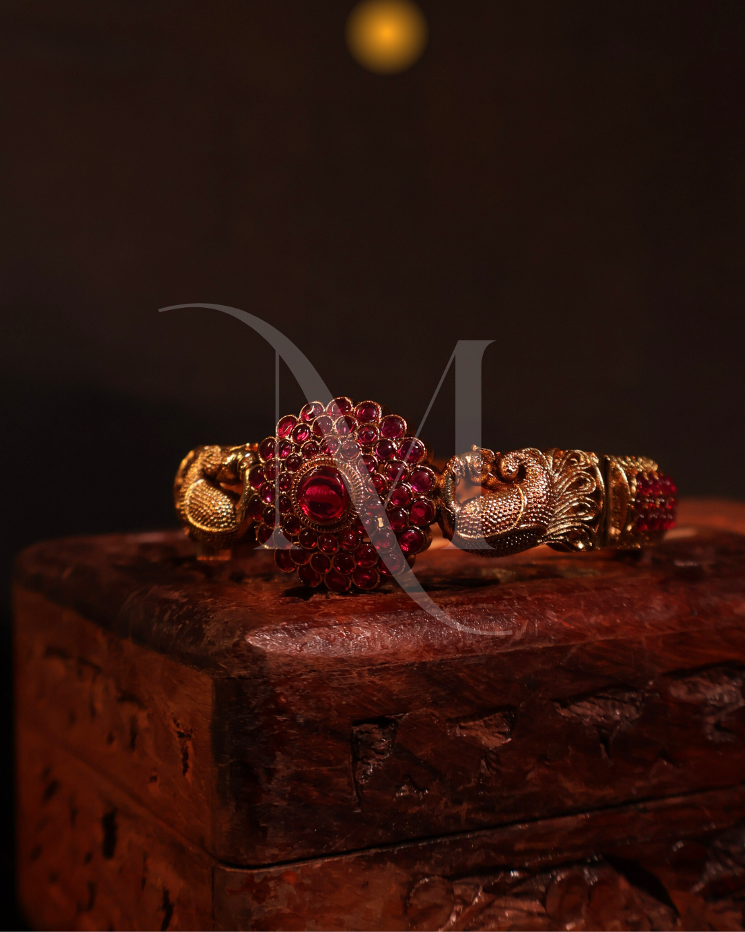 Temple-Inspired Gold Kada with Ruby Stones and Peacock Motifs