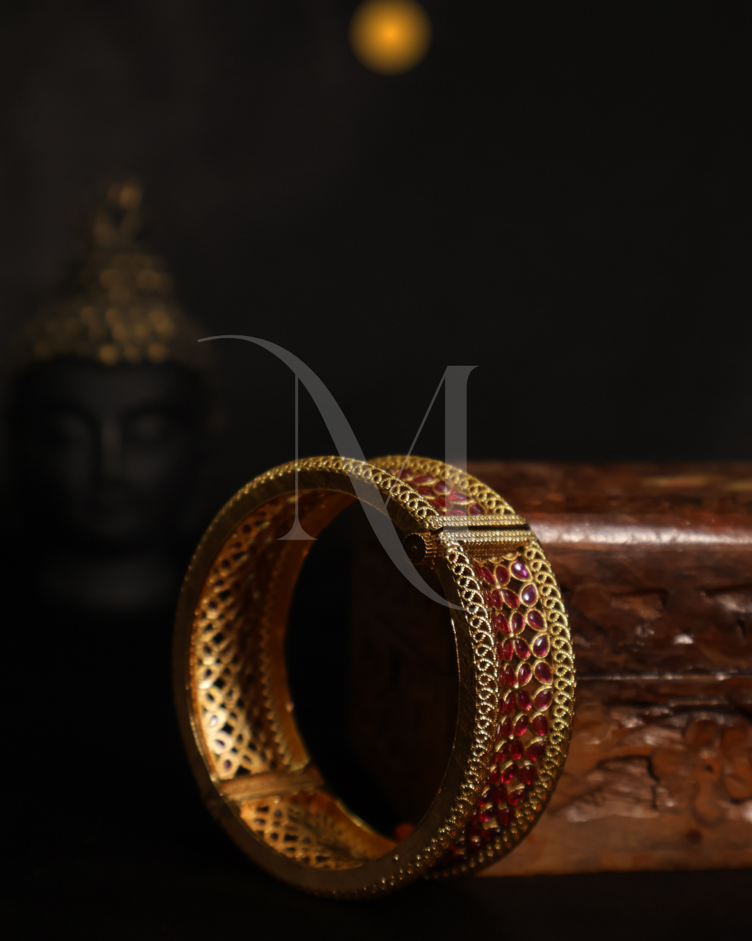 Antique-Style Gold Bangle with Ruby Meenakari Work