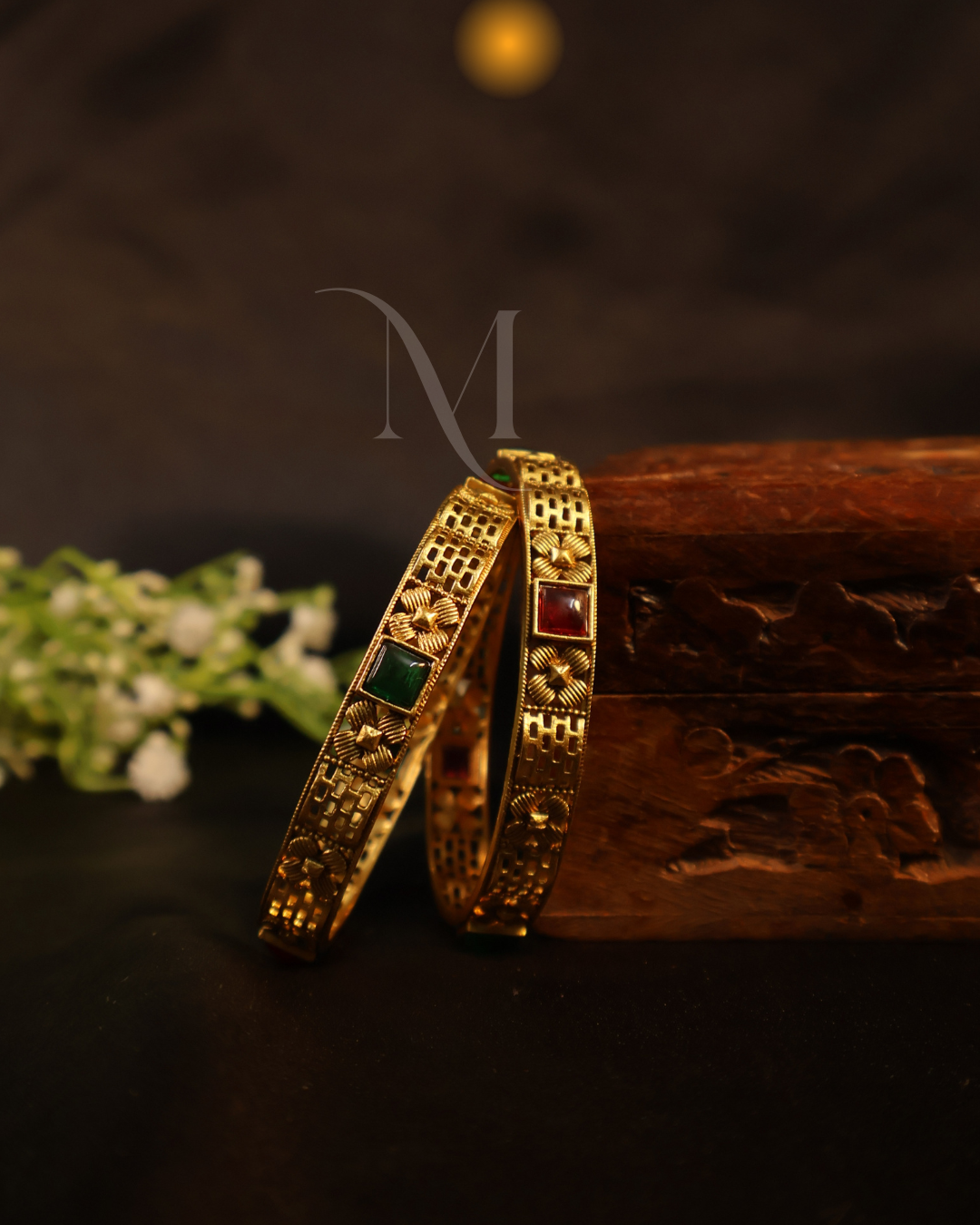 Vintage Charm – Gold Bangles with Floral and Gem Accents