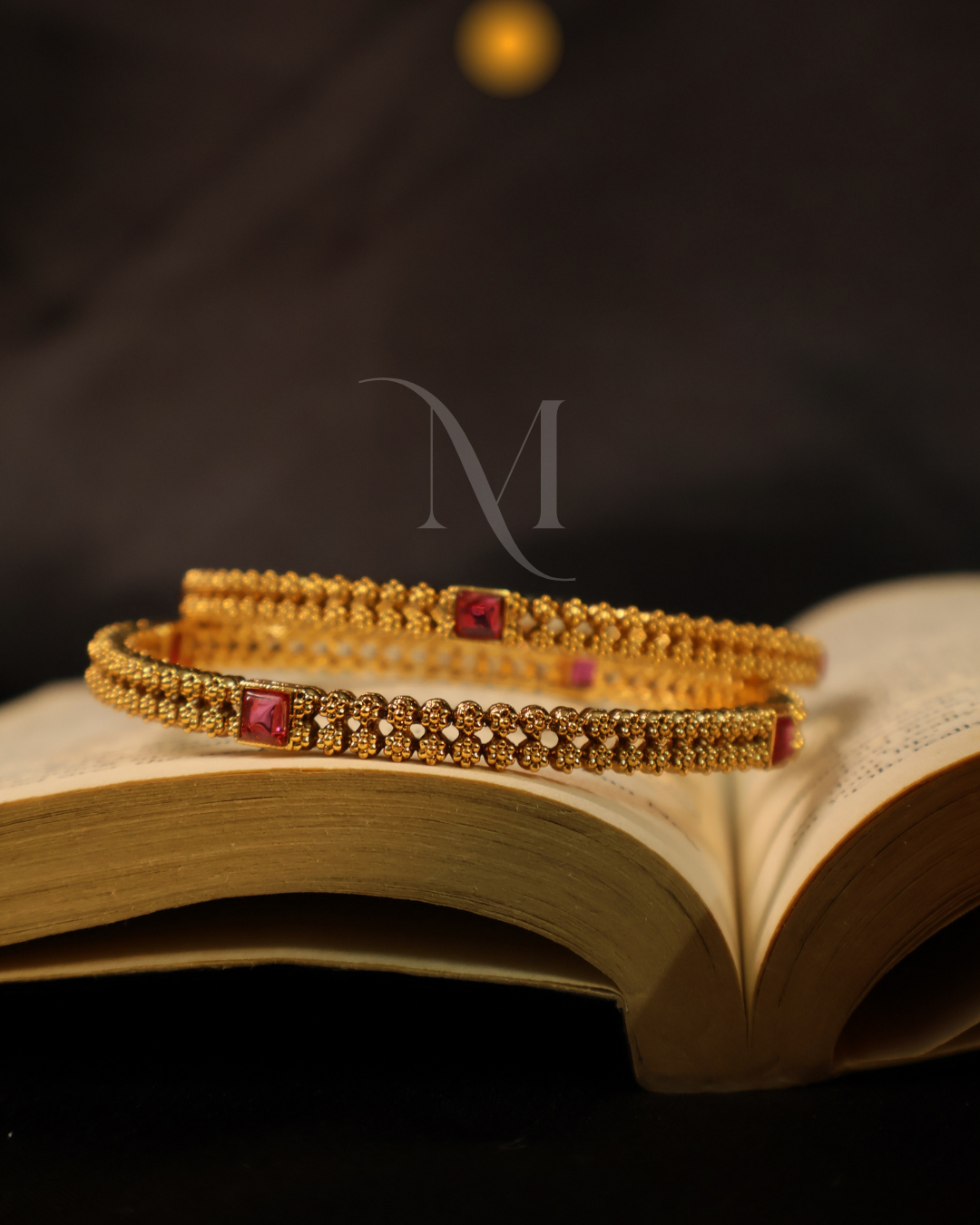Timeless Bloom – Floral Gold Bangles with Ruby Accents