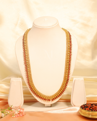 Elegant Gold Beaded Necklace with Ruby Accents