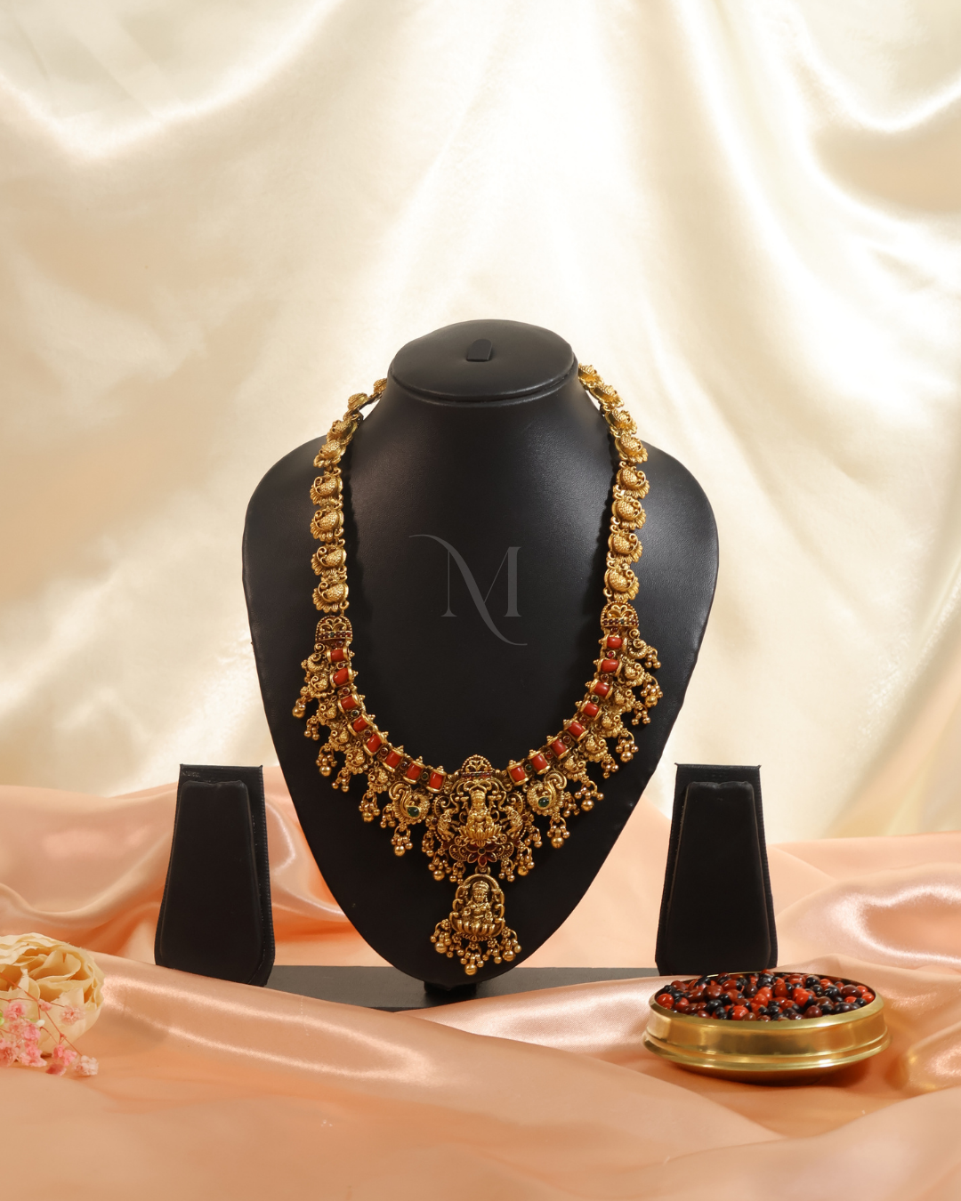 Antique Gold Lakshmi Temple Necklace with Coral Accents