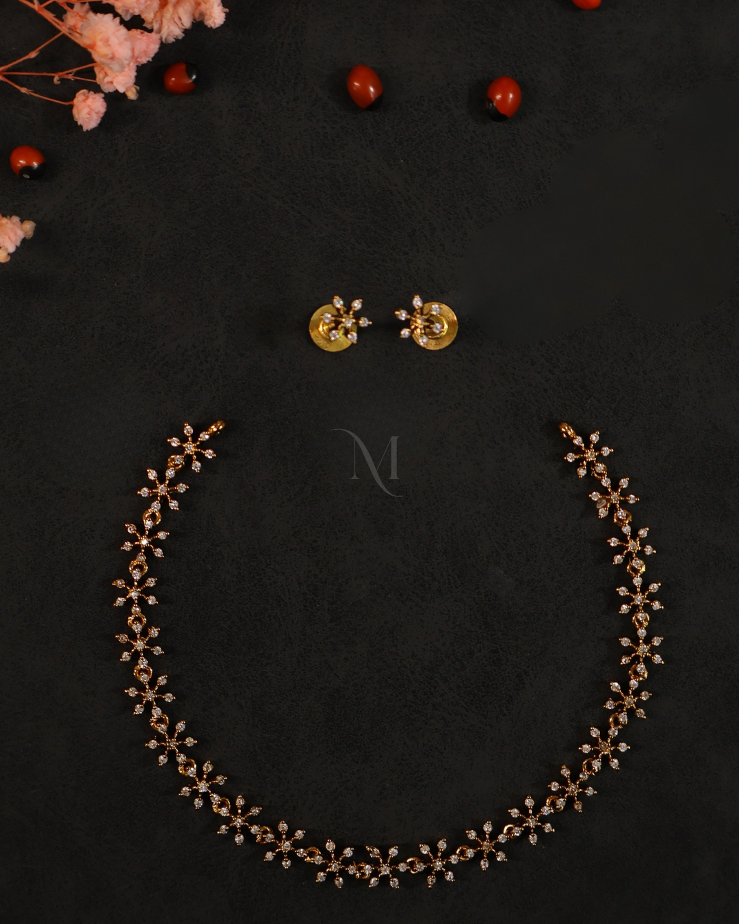 Elegant Floral Diamond Necklace with Matching Stud Earrings