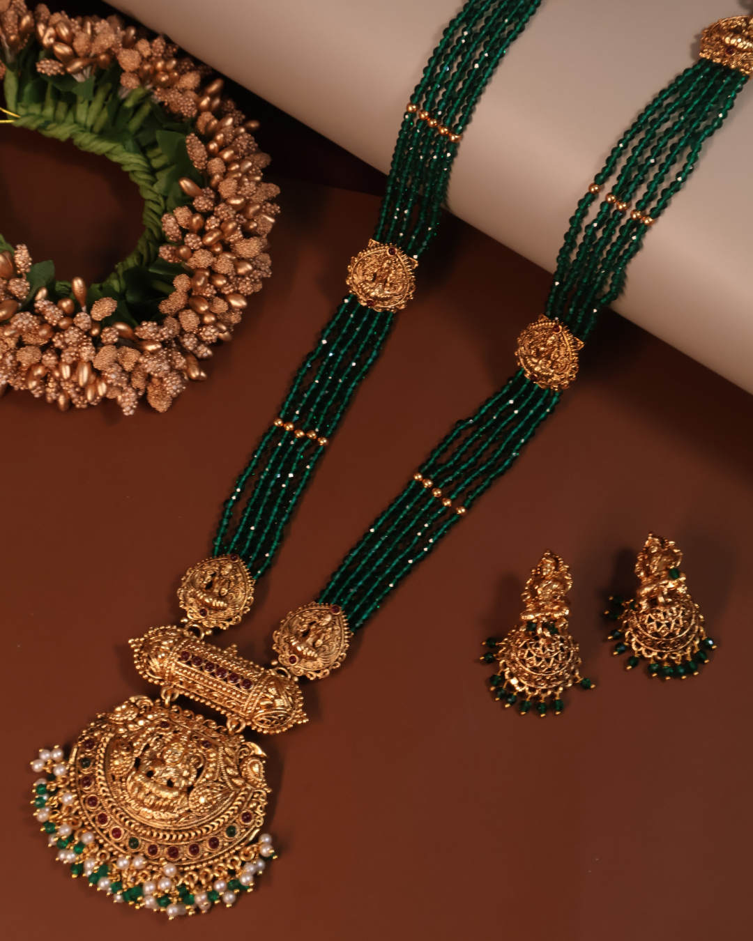 Heritage Temple Necklace with Emerald Beads and Jhumkas
