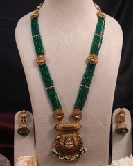 Heritage Temple Necklace with Emerald Beads and Jhumkas