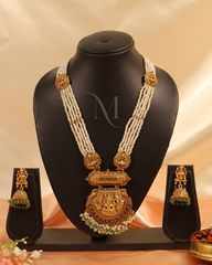 Heritage Temple Necklace with Emerald Beads and Jhumkas
