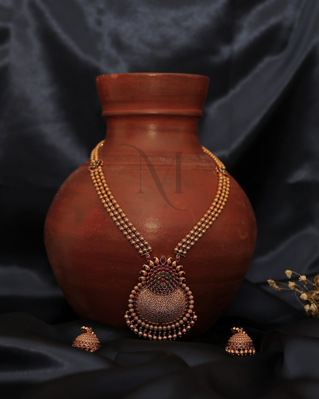 Antique Gold Temple Necklace with Intricate Red & Green Stone Work