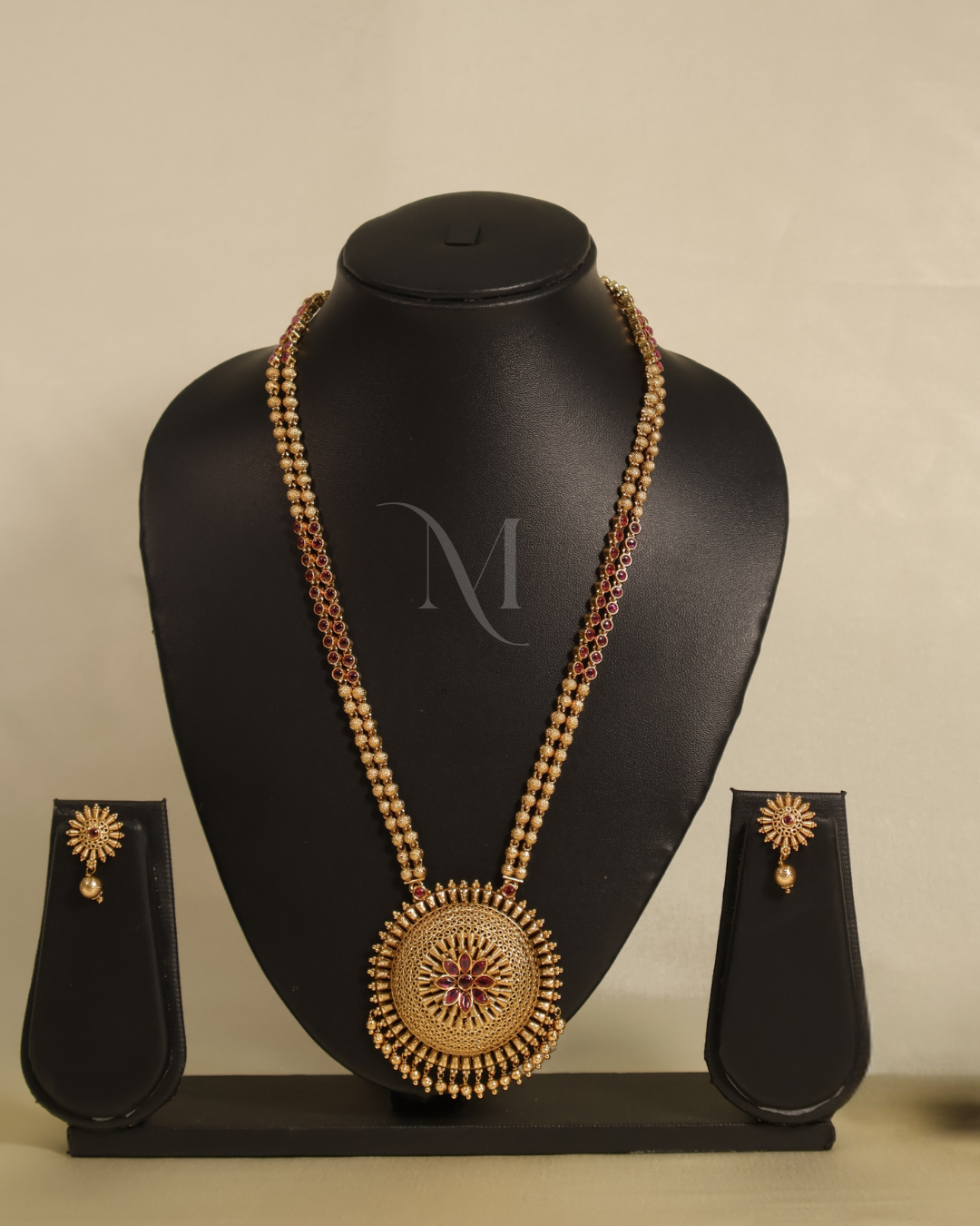 Antique Gold Beaded Temple Necklace with Circular Floral Pendant