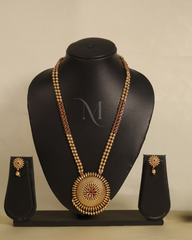 Antique Gold Beaded Temple Necklace with Circular Floral Pendant