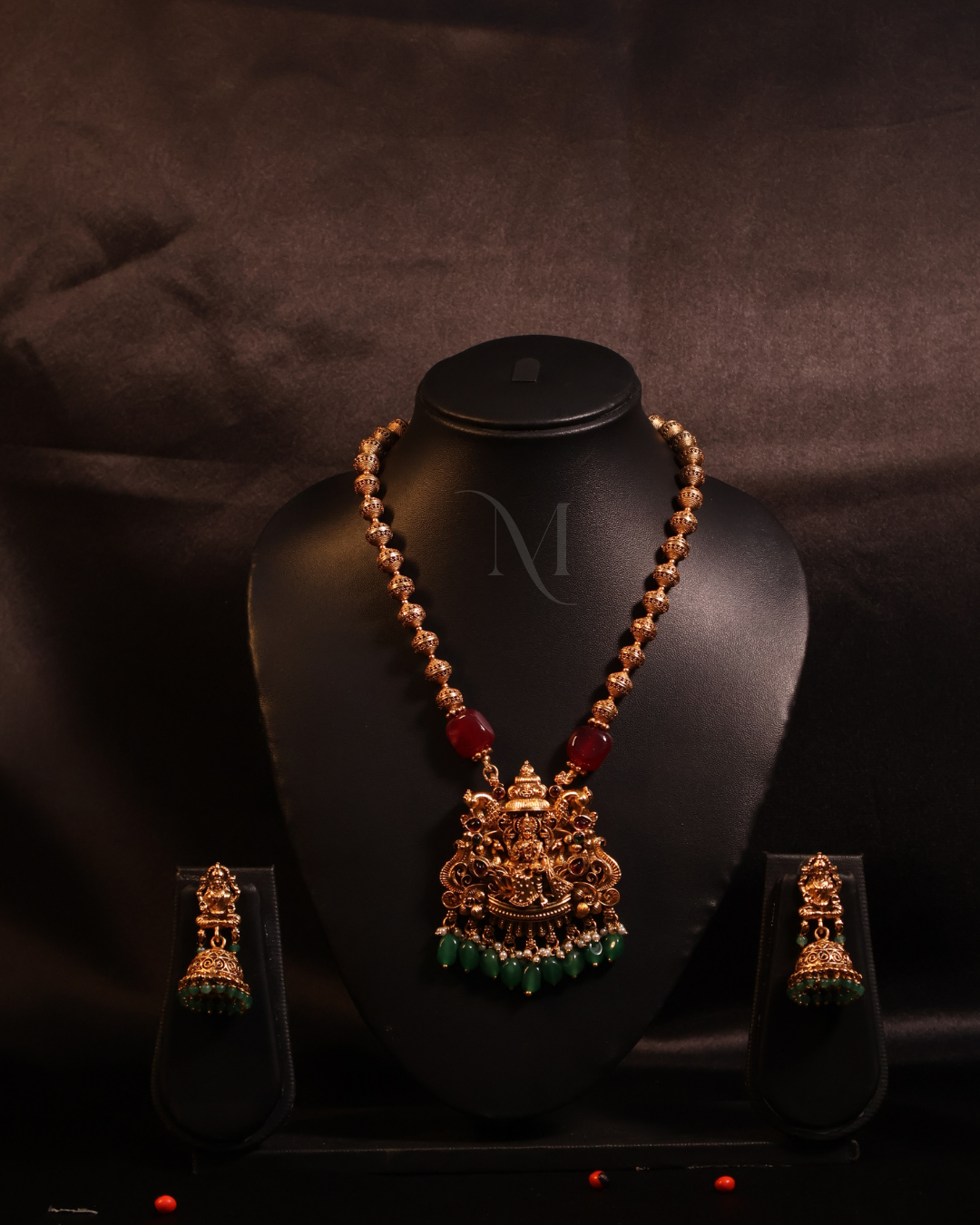 Antique Temple Jewellery Set with Green Bead Detailing